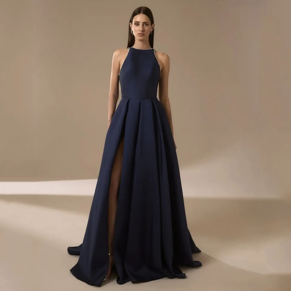 Azul marinho cetim vestidos de - Elegant Satin Evening Gown Split avaliação e preço