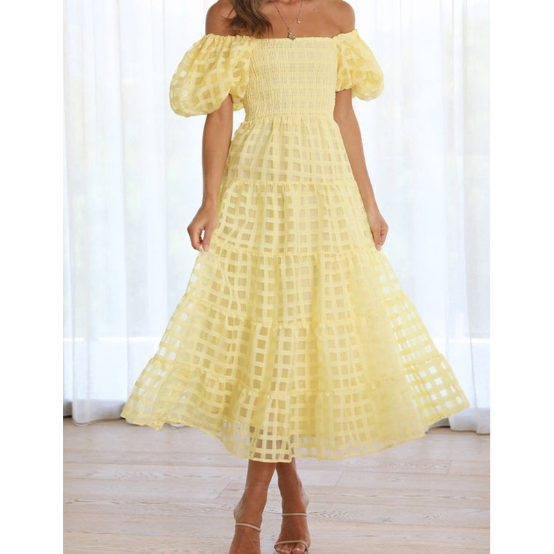 Elegante fora do ombro feminin - Off Shoulder Puff Sleeve Sundress avaliação e preço
