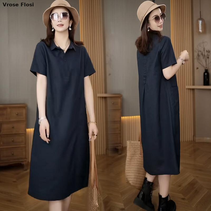 Vestido feminino camisa de lin - Casual Loose Linen Shirt Dress avaliação e preço