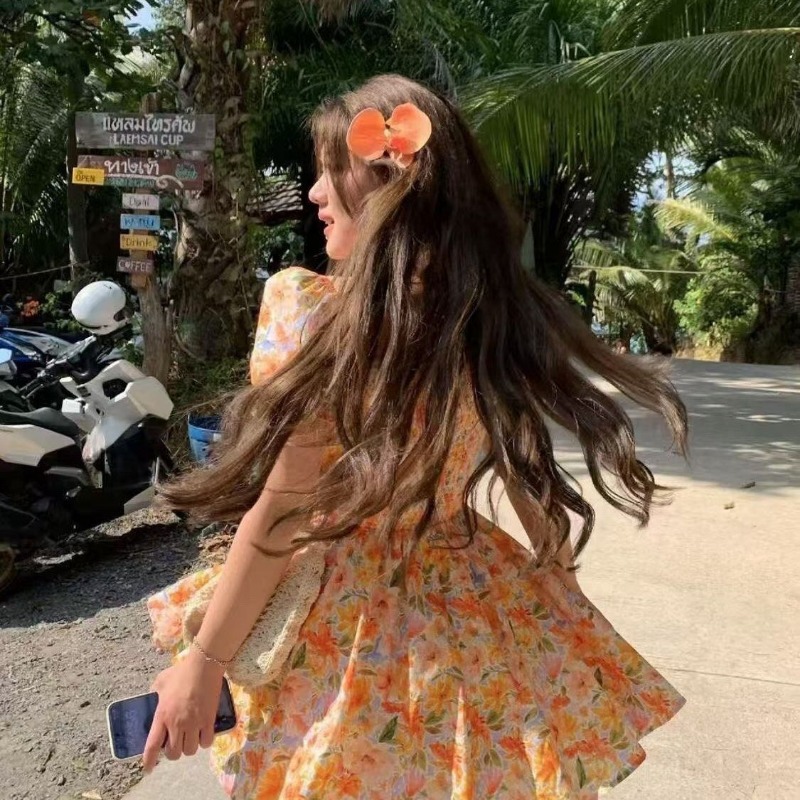 Vestido Mini Laranja Estampado - Off Shoulder Puff Sleeve Sundress avaliação e preço